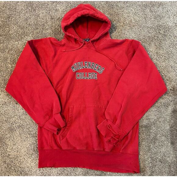 VTG Muhlenberg College Spellout Pro Weave Red Sweatshirt Hoodie Distressed M - Picture 1 of 10